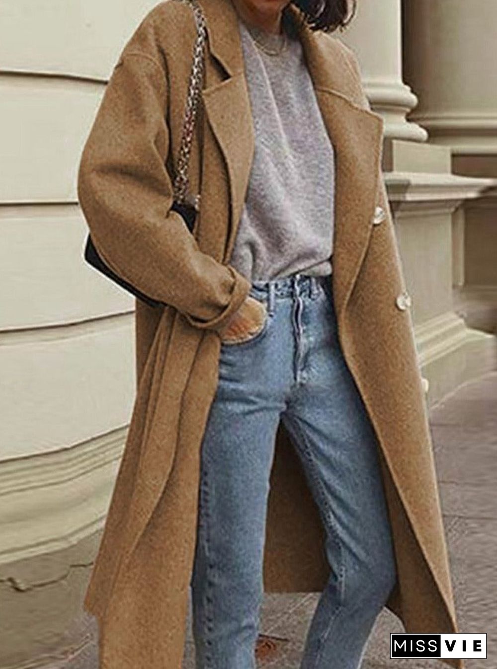 Solid Color Woolen Double-breasted Coat