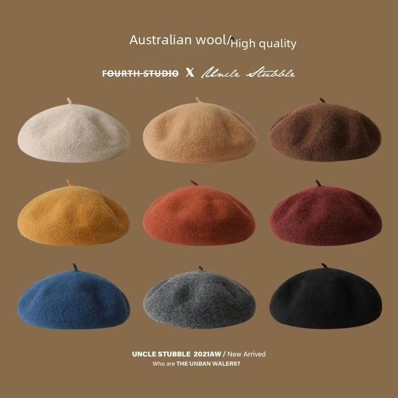 High Quality/Australian Wool Beret Not Easy To Pill Korean Style Solid Color Retro Painter Hat Girl/good Style