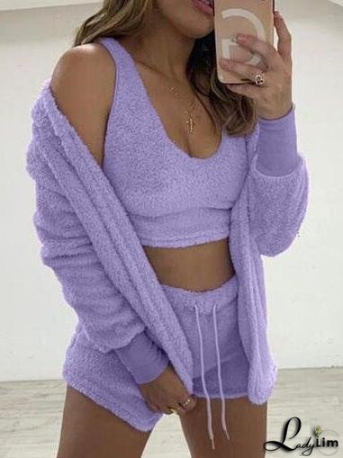 Sets Plush Coat Vest Shorts Long Sleeve Three-Piece Suit for Women
