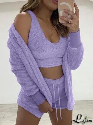 Sets Plush Coat Vest Shorts Long Sleeve Three-Piece Suit for Women