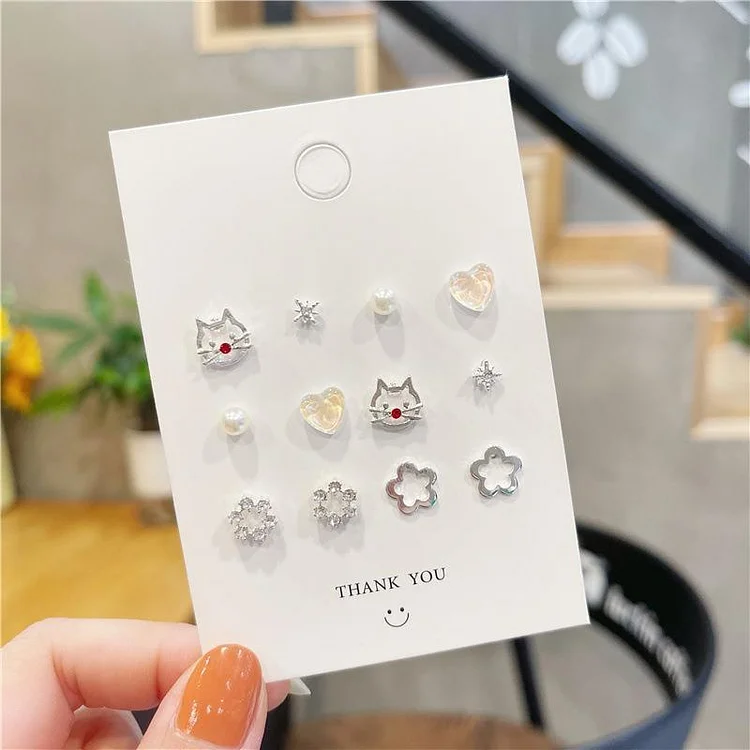 6 Pcs Exquisite Cat Pearl Earrings Set for Woman for Girls