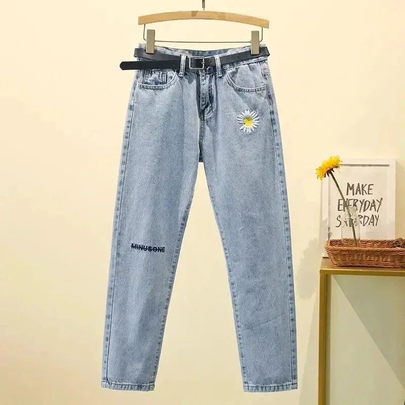Brownm daisy retro Y2K casual jeans straight pants Women's High Waist Embroidered Loose Large Size Jeans ins Trend jeans