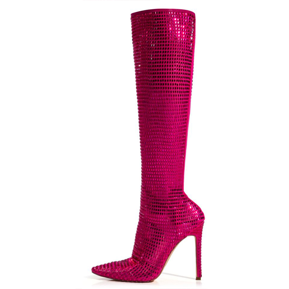 Fuchsia Pointed Toe Rhinestone Embellished Stiletto Stretch Boots Nicepairs