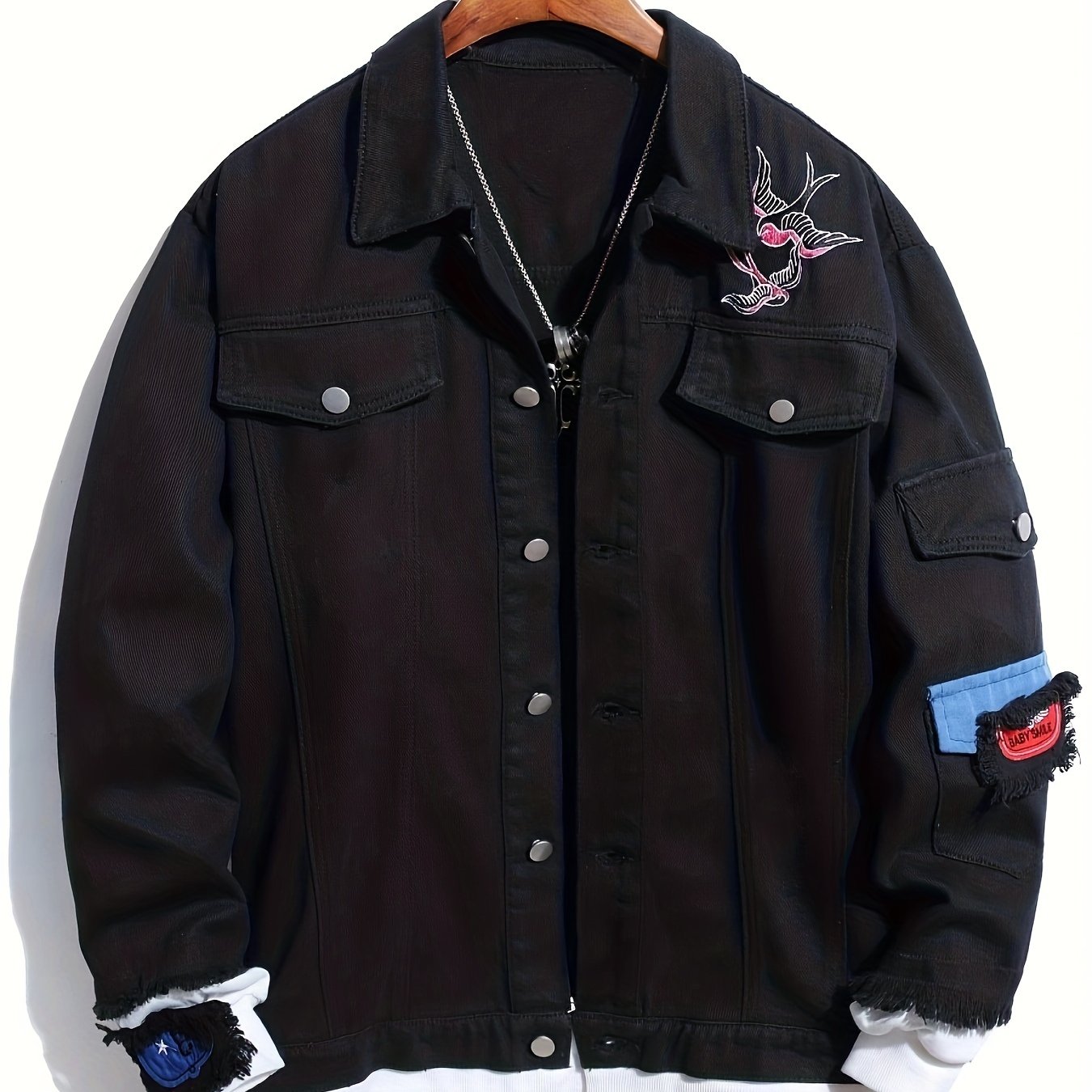 Bird Embroidery Denim Jacket, Men's Casual Flap Pocket Button Up Jacket For Fall Winter