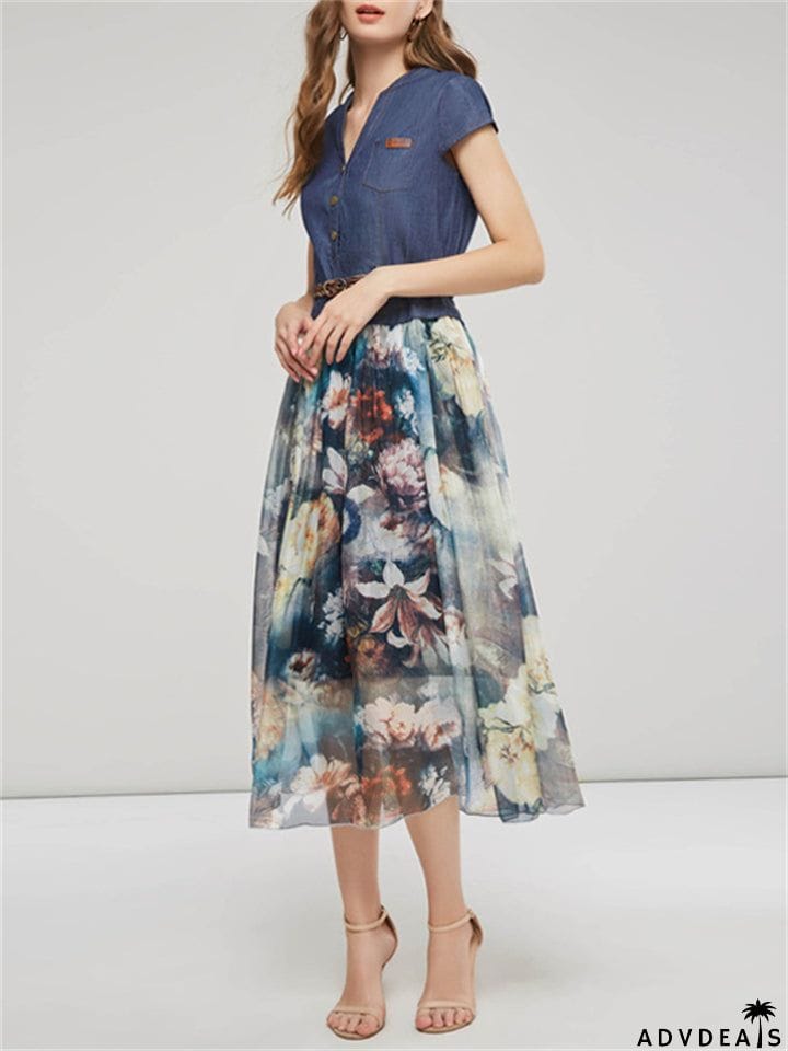 Women's Elegant Ink Flower Denim Chiffon Splicing Dress with Belt