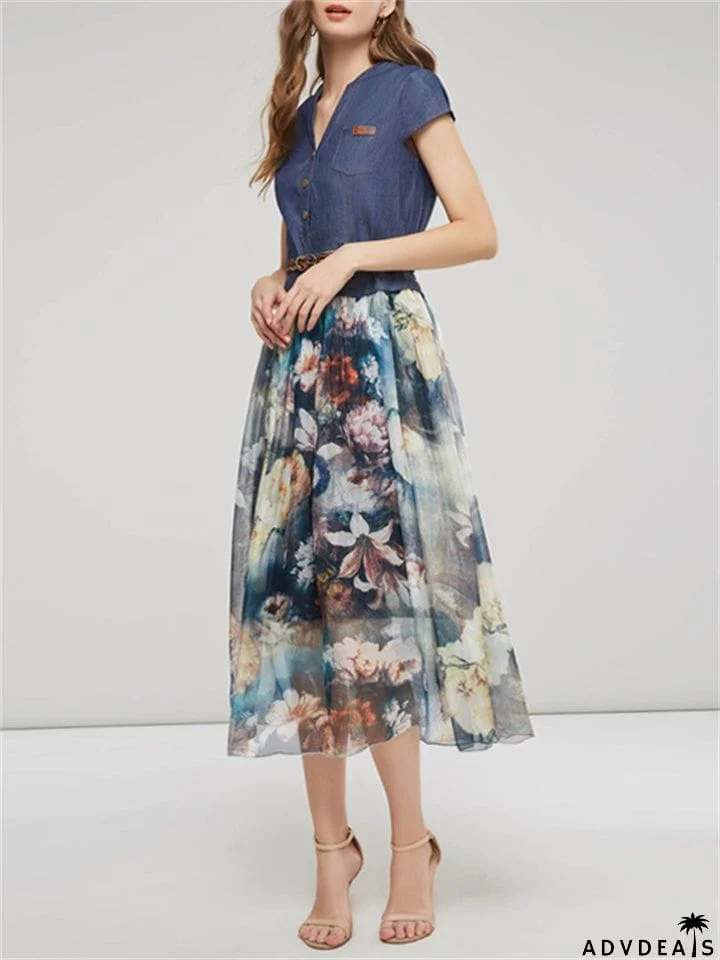 Women's Elegant Ink Flower Denim Chiffon Splicing Dress with Belt