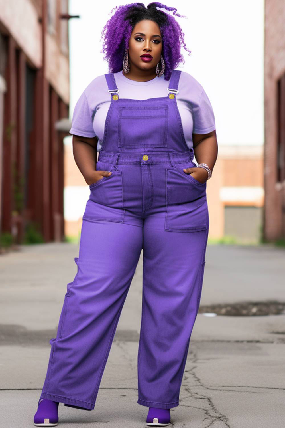 Design Plus Size Daily Purple Pocket Button Overall Denim Jumpsuits [Pre-Order]