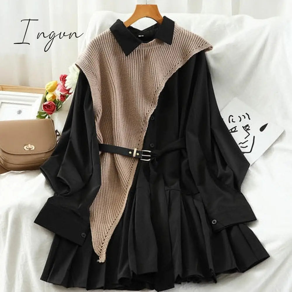 Ingvn - New Sweet Suit Women Japan Single Breasted Turn - Down Collar Pleated Dress + Irregular