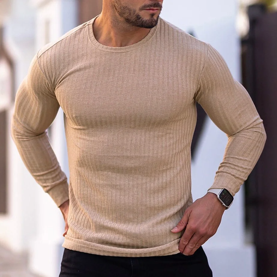 Men's Casual Solid Color Round Neck Long Sleeve Micro-elastic Shirt