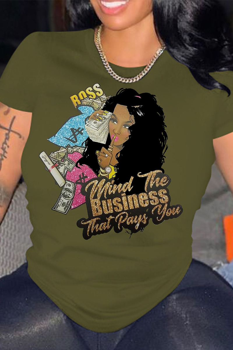 Grass Green Casual Print Patchwork O Neck T-Shirts | EGEMISS