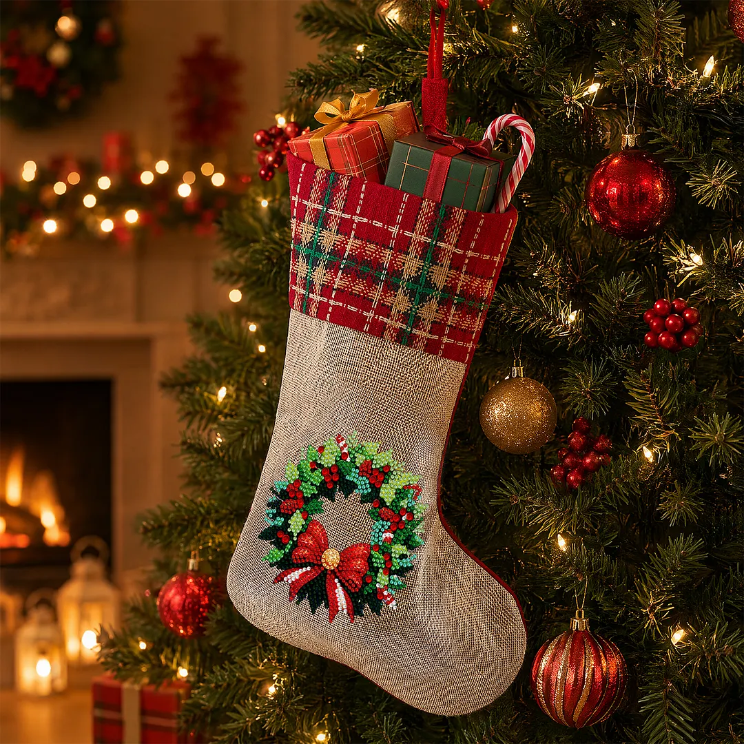 DIY Diamond Painting Christmas Stockings Hanging Ornaments Large Capacity Xmas Socks Pendant Wear Resist Candy Gift Storage Bags for Family Christmas Holiday Party Decoration (Christmas wreath)