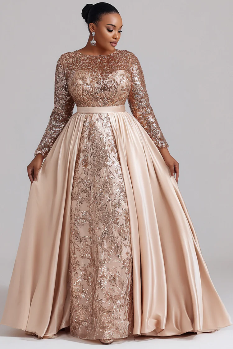 Xpluswear Design Plus Size Formal Sequin Champagne Round Neck Long Sleeve With Skirt Overlay Elegant Satin Maxi Dresses [Pre-Order]