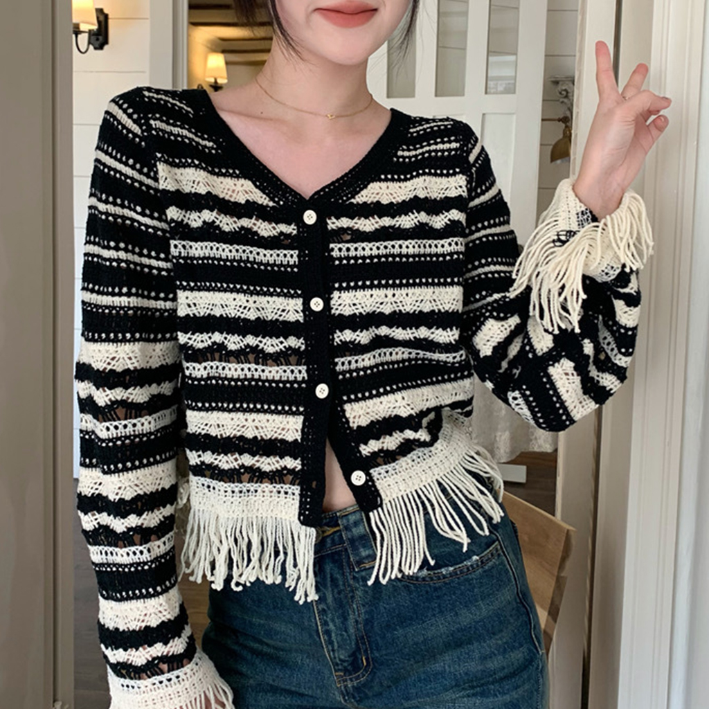 Spliced ​​tassel Knitted Cardigan For Women, Autumn Contrast Stripes, Slimming, Hollow Short Long Sleeve Tops