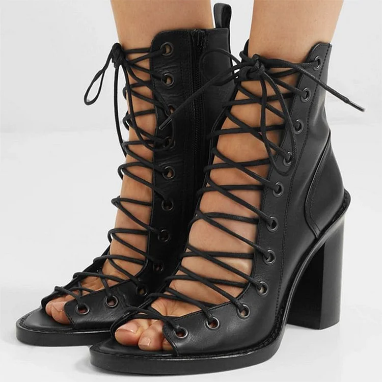 Black Lace Up Summer Sandal Boots Peep Toe Chunky Heel Ankle Boots |FSJ Shoes