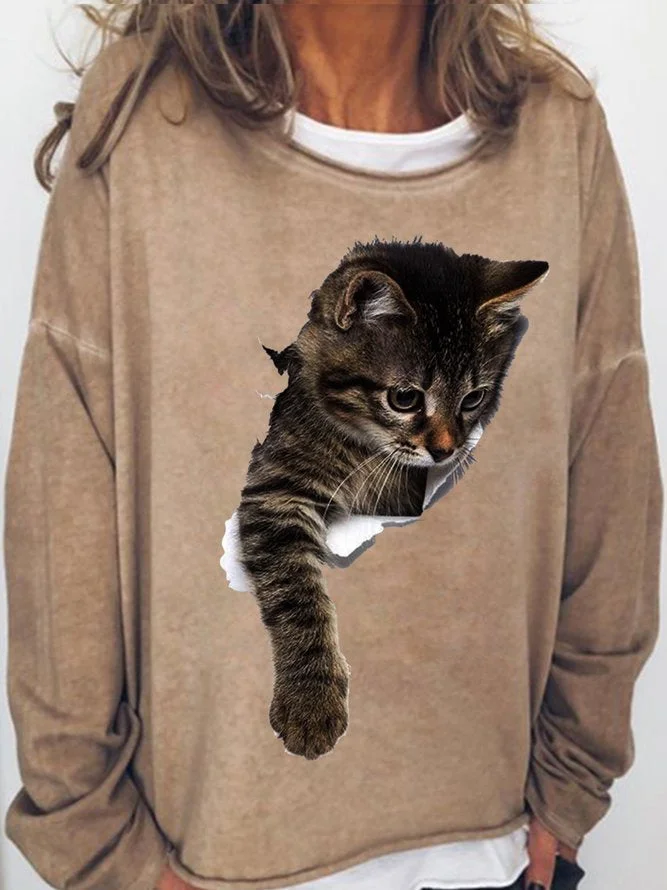 Long Sleeve Crew Neck 3D Cat Printed Casual Sweatshirt