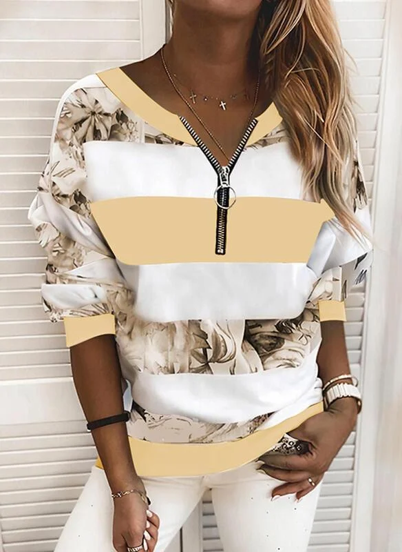Round Neck Printed Zipper Long Sleeve Top