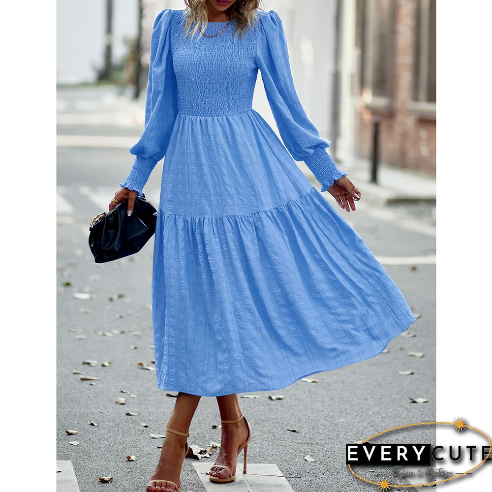 Light Blue Puff Sleeve Pleated Swing Long Dress