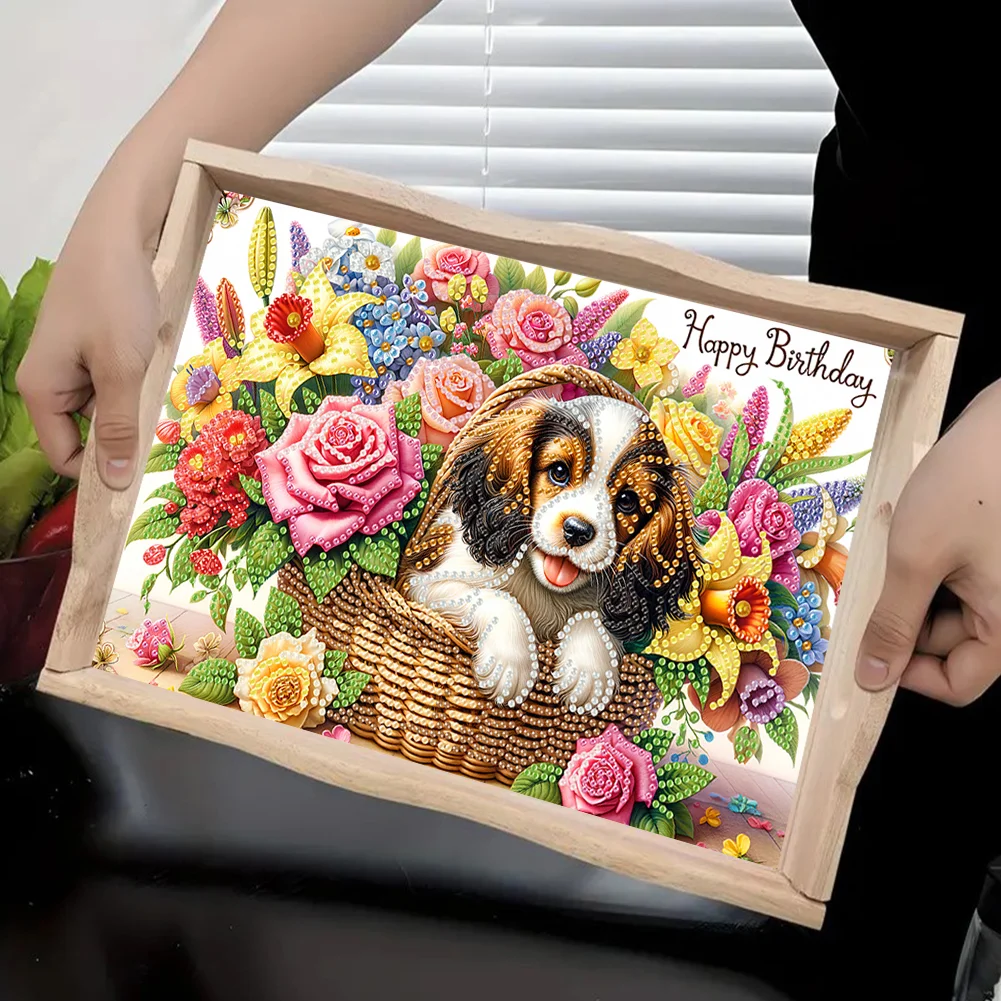 5D DIY Flower Dog Diamond Painting Wooden Serving Tray with Handle for Desk