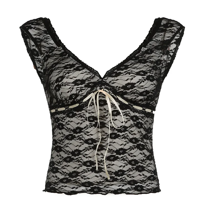 Ueong Girl V-Collar, Low-Cut, Sexy, Slim, Bare Back With Lace Solid Color Sleeveless T-Shirt Summer Style