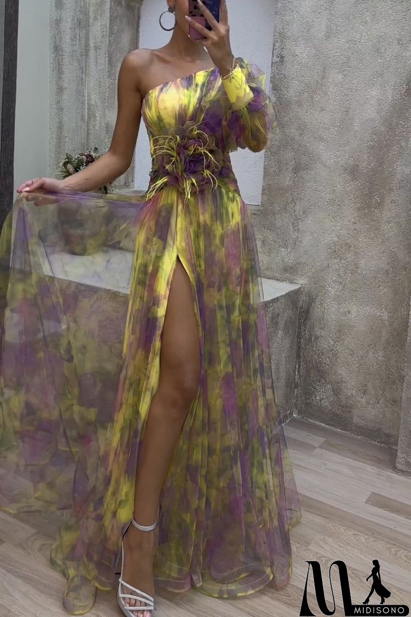 MidiSono - Elegant Floral Patchwork Oblique Collar Printed Dress Dresses