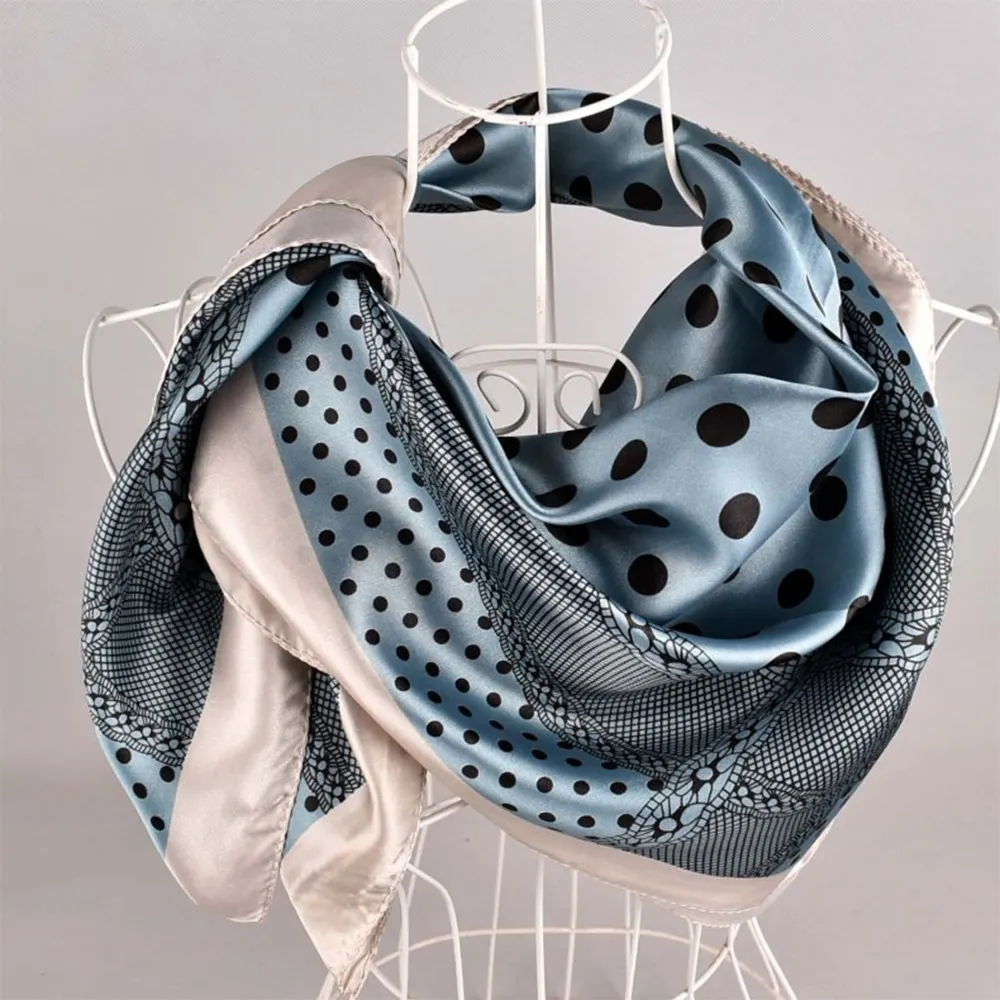 90cm*90cm Polka Dot Satin Square Scarfs Blue-vocosishoes