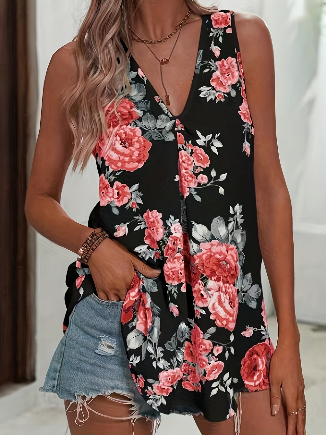 Floral Print V Neck Blouse, Casual Sleeveless Top For Spring & Summer, Women's Clothing | IFYHOME