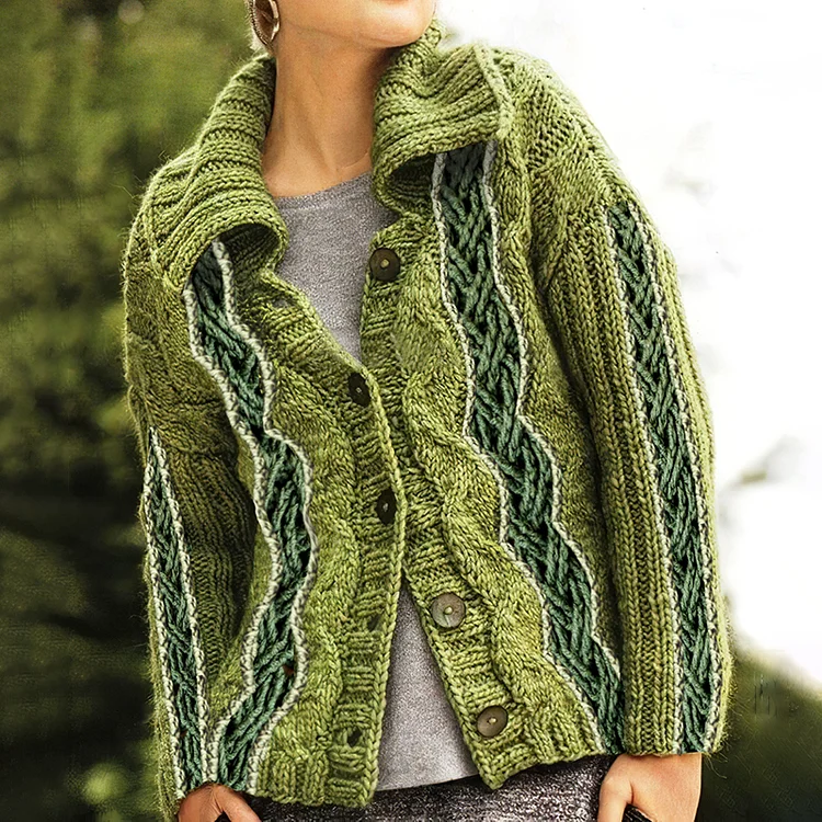 Women's Irish Celtic Thick Needle Knit Jacquard Lapel Button Sweater