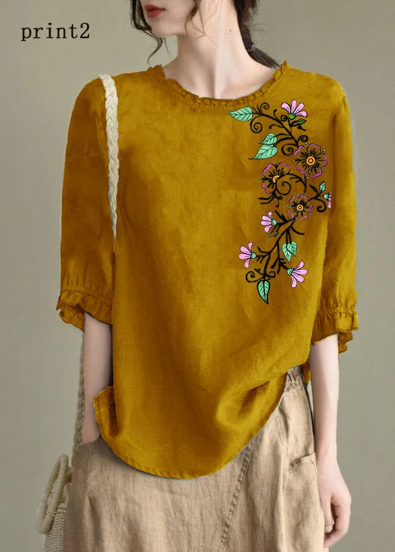 Handmade yellow-print2  lantern Sleeve O-Neck Embroidered Summer Ramie Blouses