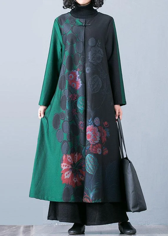 Luxury plus size maxi coat fall trench coats green prints o neck overcoat