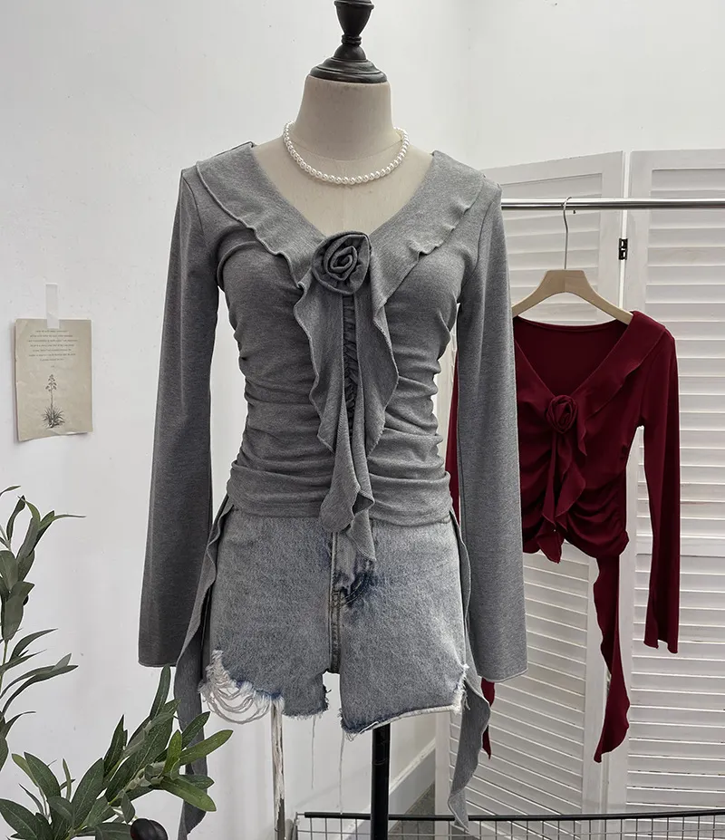 Uveng Han's New V-Neck Flower Irregular Lotus Leaf Edge Ribbon Slim Thin T-Shirt Short Top 1227