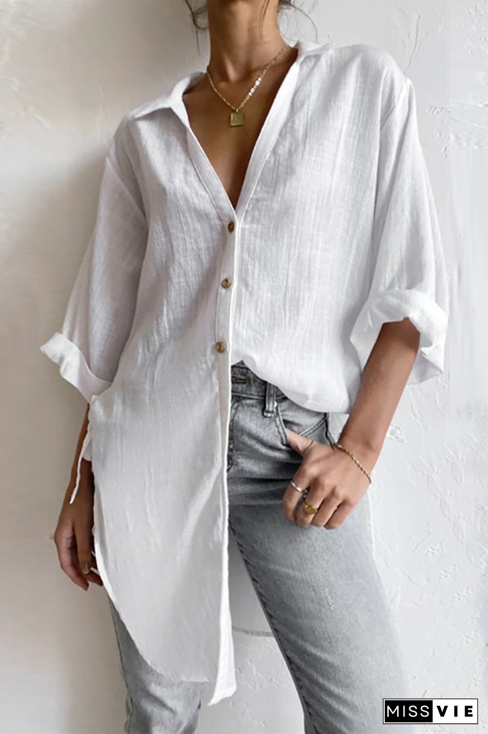 Rolled Up Sleeve Side Knot Button Shirt