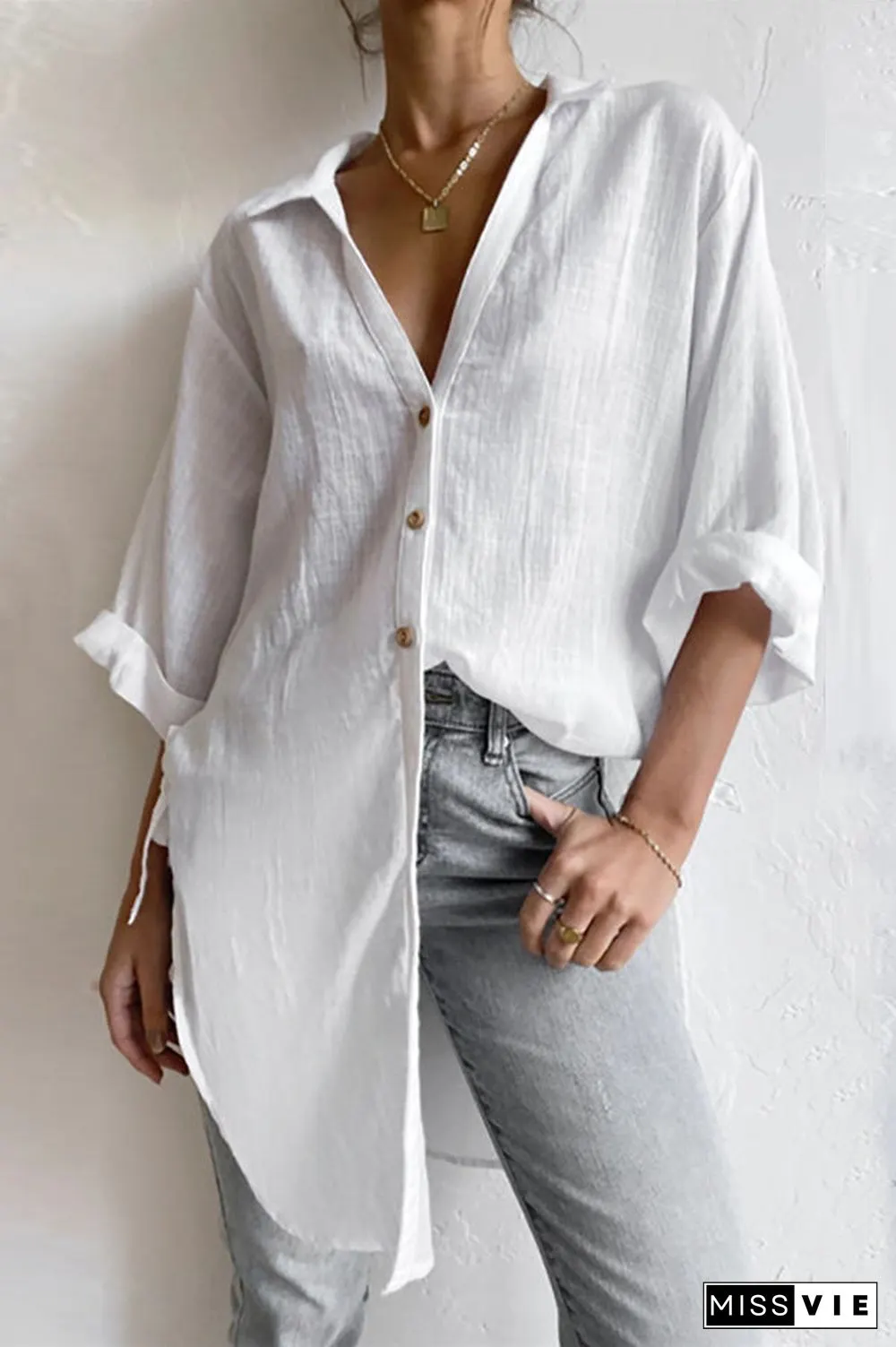 Rolled Up Sleeve Side Knot Button Shirt