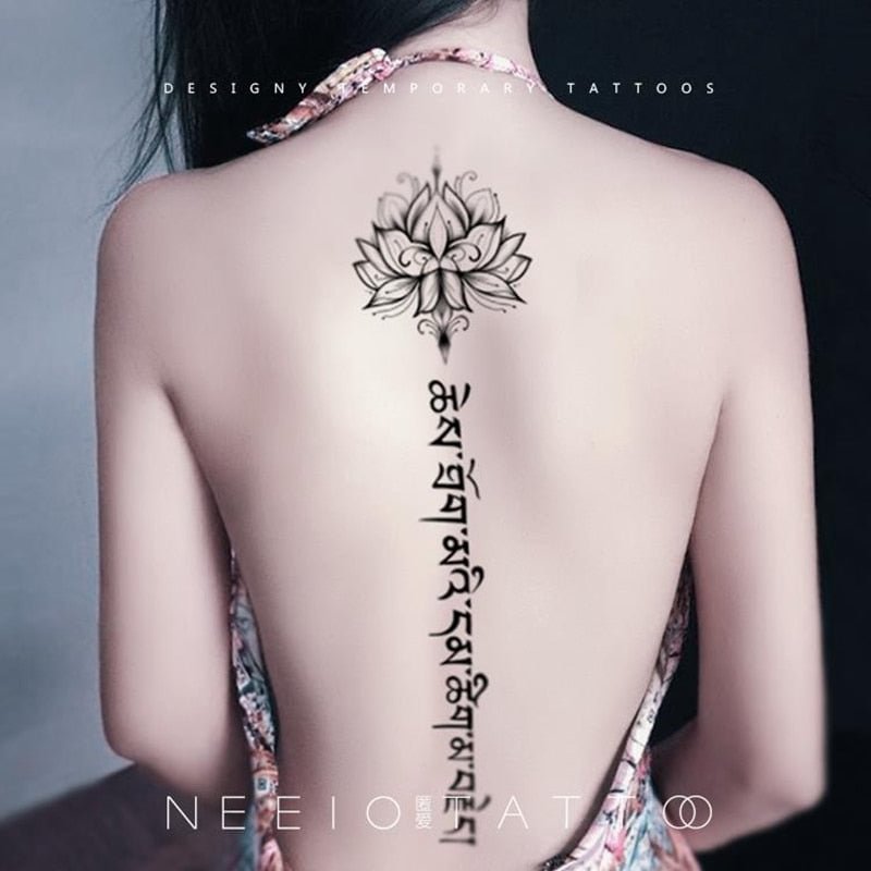 Black Lotus Totem Tattoo Stickers Waterproof Lasting Temporary Tattoo Sanskrit Art Fake Tattoo Back Arm Sexy Tattoos for Women