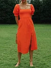 Solid Color Puff Sleeves Midi Dress