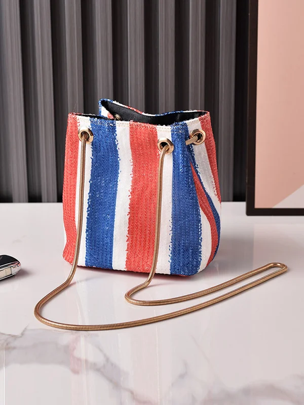 Drawstring Sequined Split-Joint Striped Tote Bags Bags