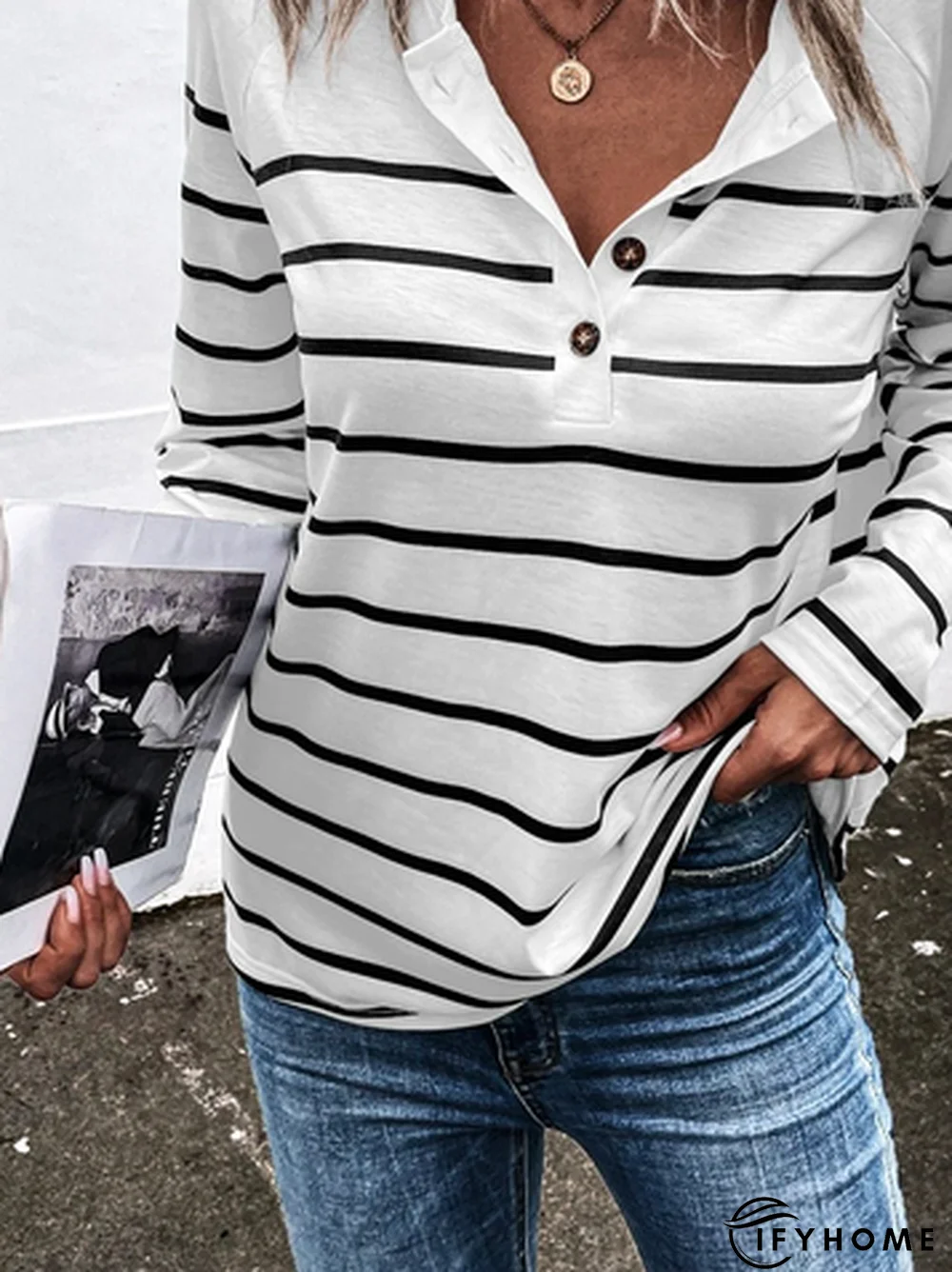 Women Striped Casual Autumn Micro-Elasticity Loose Jersey Best Sell Long sleeve Half Open Collar Tunic T-Shirt | IFYHOME