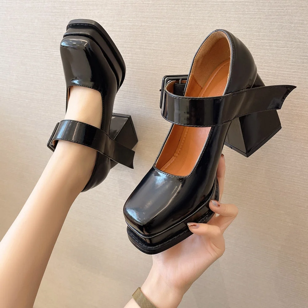 Mary Jane High Heels Shoes Women Square Toe Chunky Platform Pumps Women Retro Fashion One Strap Buckle Leather Shoes 2021 autumn