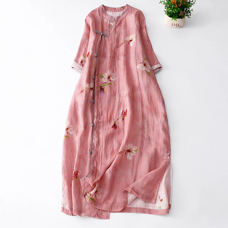 Vintage Japanese Art Floral Cotton Linen Maxi Dress