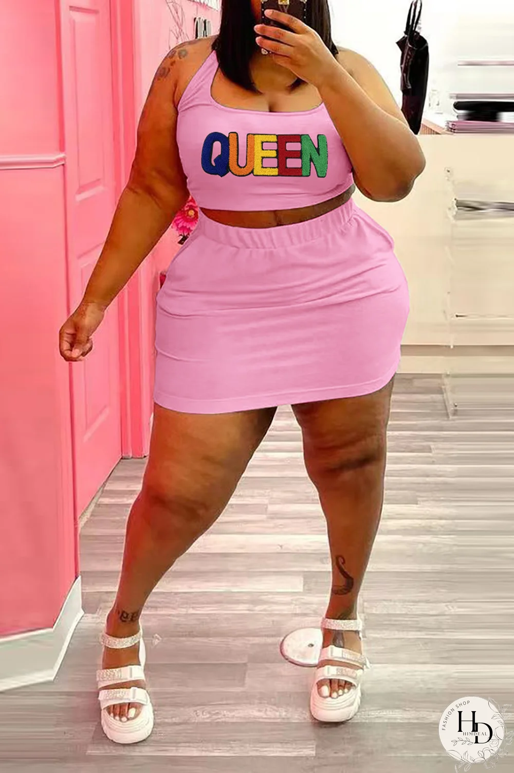 Black Casual Print Split Joint U Neck Pencil Skirt Plus Size Two Pieces