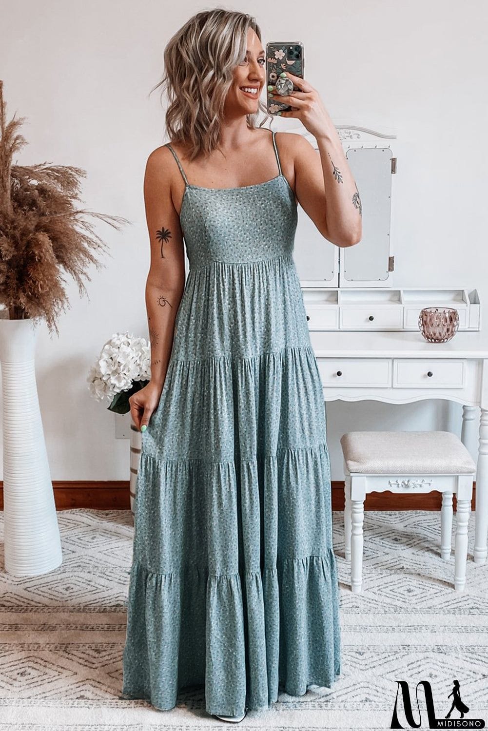 MidiSono - Spaghetti Straps Floral Print Tiered Maxi Dress