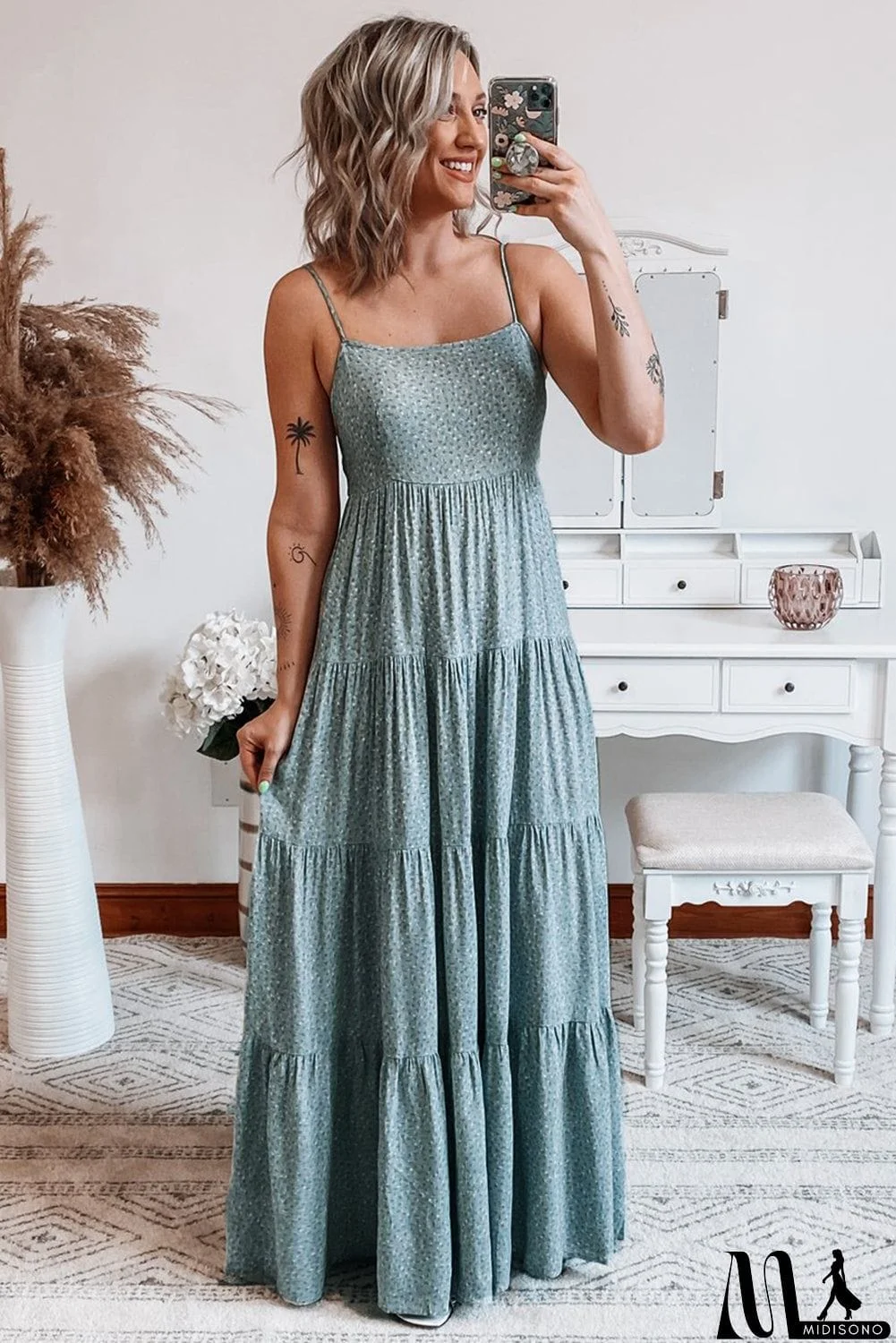 MidiSono - Spaghetti Straps Floral Print Tiered Maxi Dress