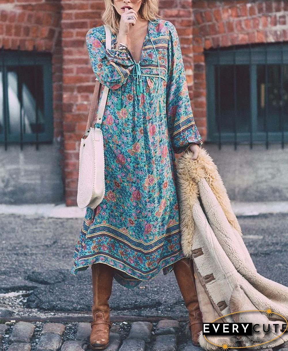 V neck Asymmetrical Women Daytime Elegant 3/4 Sleeve Paneled Floral Plus Size Dress