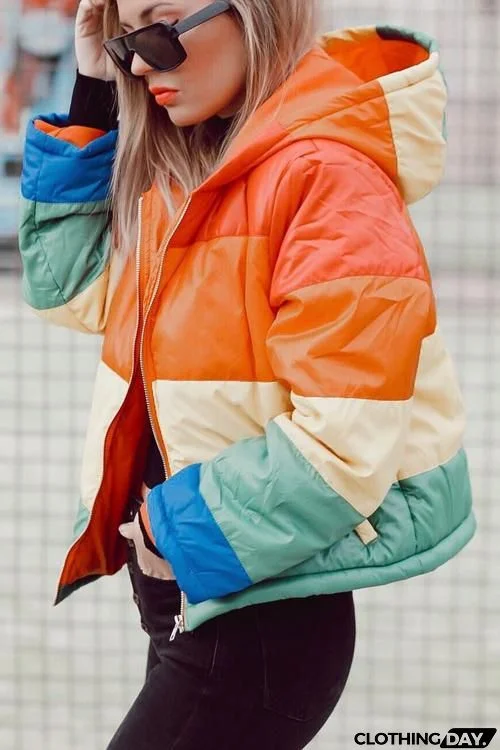 Color Block Pockets Hoodie Coat