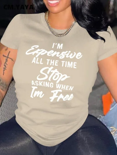 CM.YAYA Women T-shirts Letter Print Short Sleeve O-neck Stretchy T Shirt Tops Female Fashion Streetwear Casual Tees Tops Summer