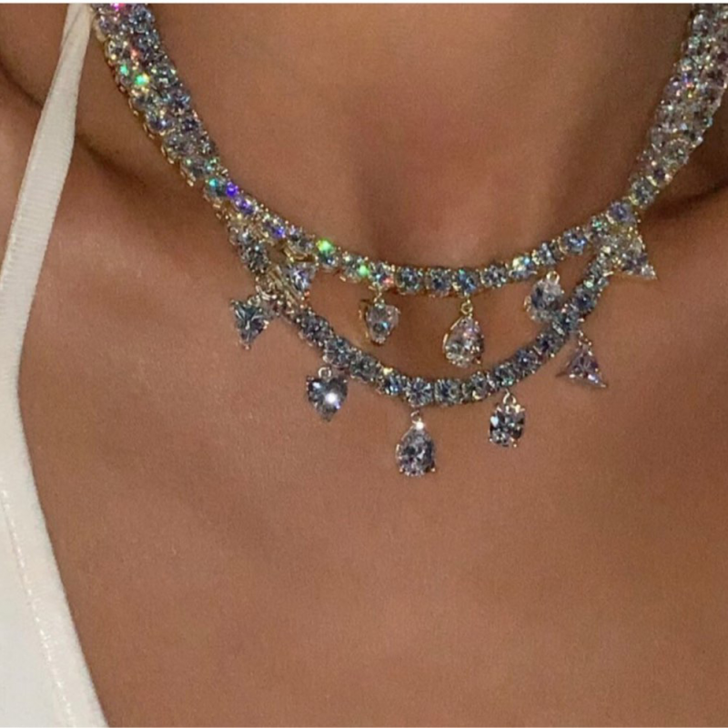 5MM Sparking Heart Triangular Zircon Iced Out Tennis Chain Women Choker Necklace-VESSFUL