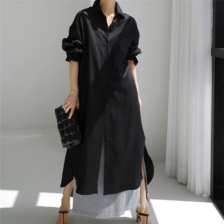 <SALE> Simple Cotton Linen Long Sleeve Midi Dress