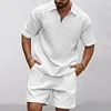 Men's Casual Waffle-Knit Solid-Color Polo Shirt & Tracksuit Set by Inlyline