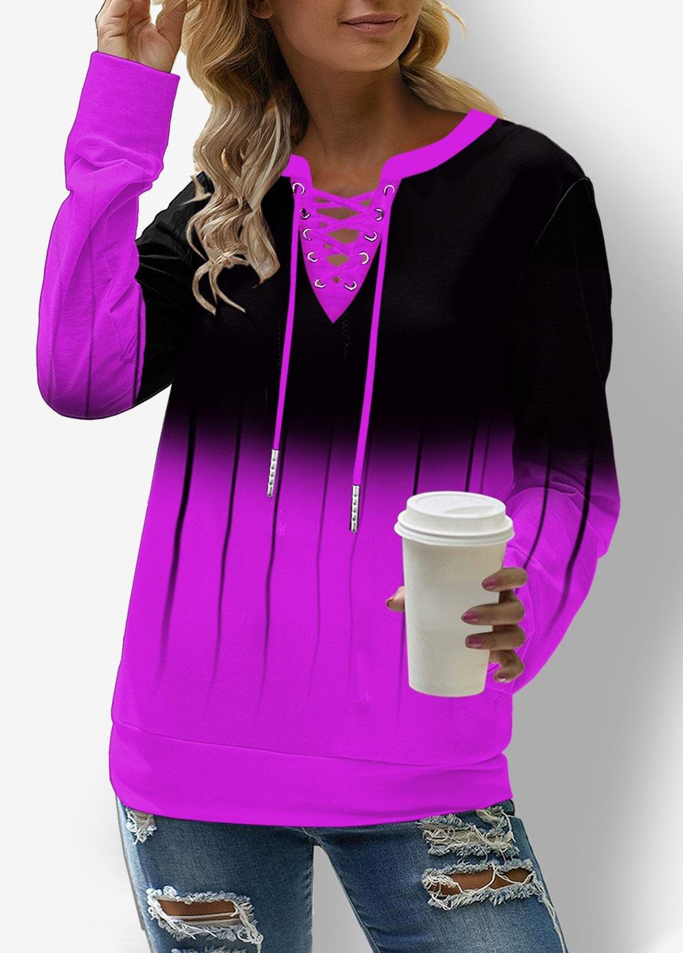 Colorblock Gradient Lace-up Women's Sweatshirt
