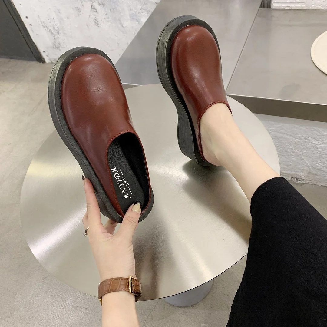 Wongn Wongn Platform Bottom Shoes Female Real Leather Skin Cool Drag High Heel Waterproof Table Slippers Summer Outside Slope Heel Head Half Drag