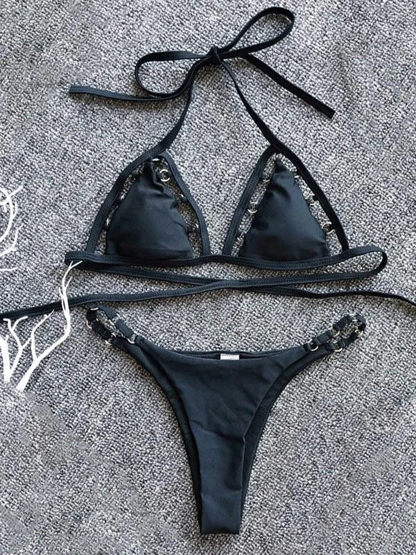 Black Hollow Lace Up Bikini Set